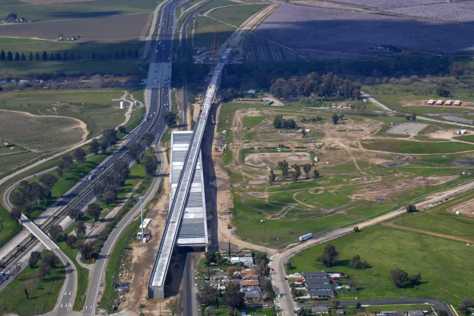 Construction fo the California High-Speed Rail project is shown running parallel to Highway 99 in California's Central Valley.